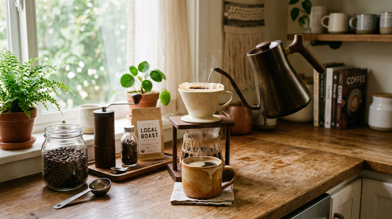 Cozy home coffee brewing corner with kettle and ceramic dripper